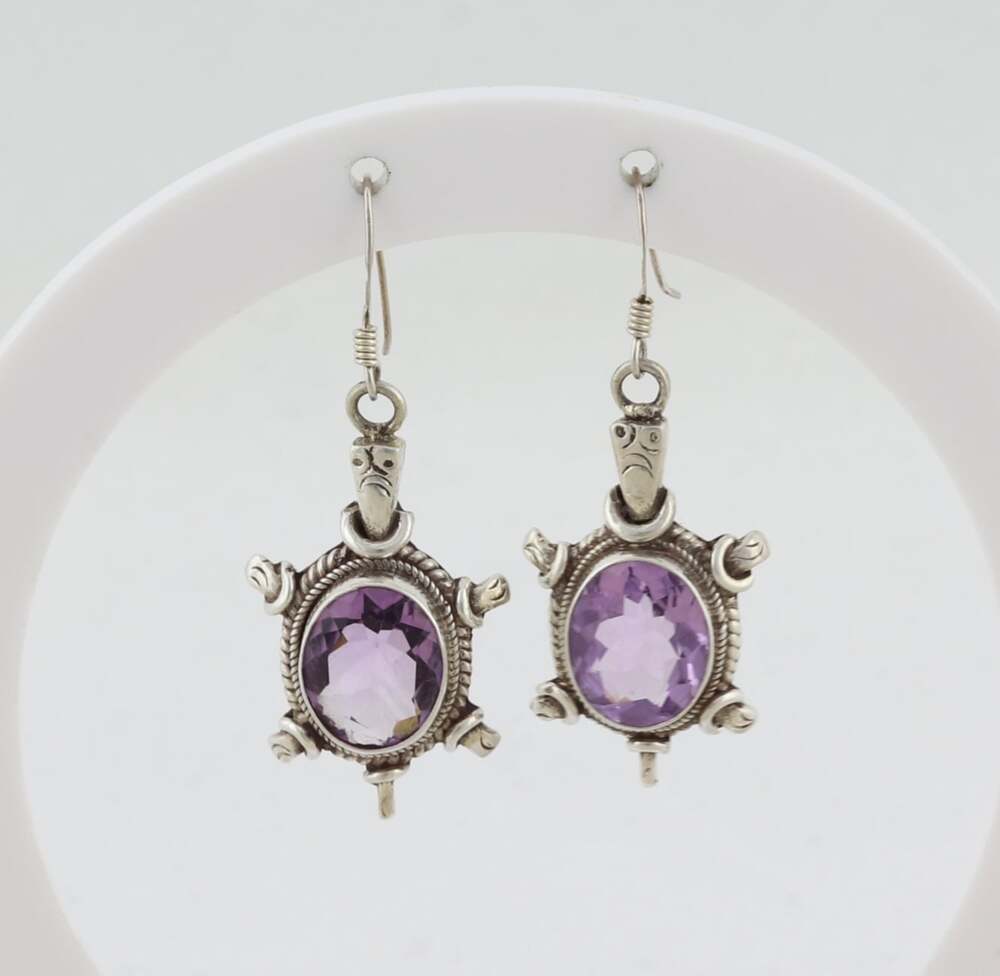 Sterling Silver Purple Amethyst Turtle Earrings Dangle Drop 1 5/8" x 5/8" inch